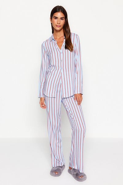 Trendyol Collection Blue Striped Slit Detailed Viscose Shirt-Pants Woven Pajamas Set THMAW23PT00158