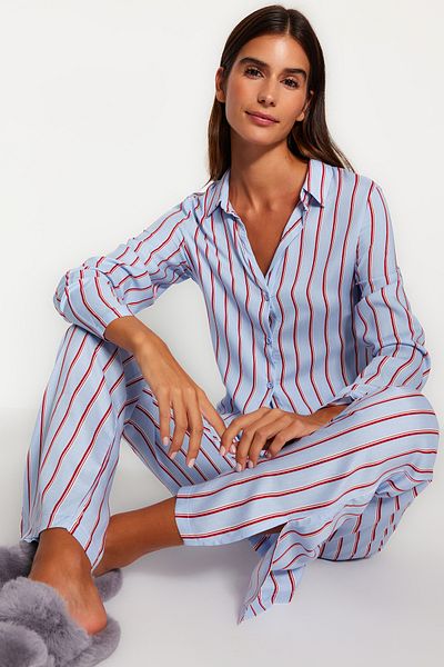 Trendyol Collection Blue Striped Slit Detailed Viscose Shirt-Pants Woven Pajamas Set THMAW23PT00158