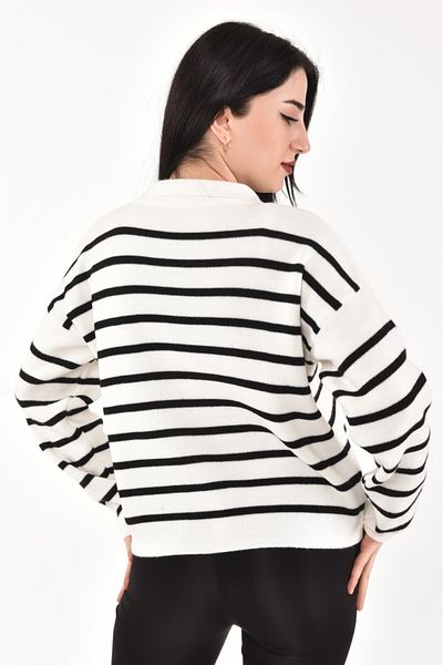 dijimodway Ecru-schwarz gestreifter Crop-Strickpullover mit Polokragen für Damen