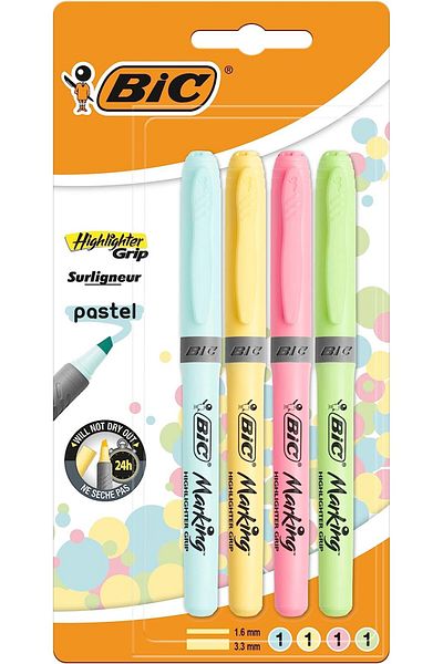 Bic Highlighter Grip Pastel Highlighter with Cut-Out Tip, Different Colors, 4-Pack Mi̇mbshopp