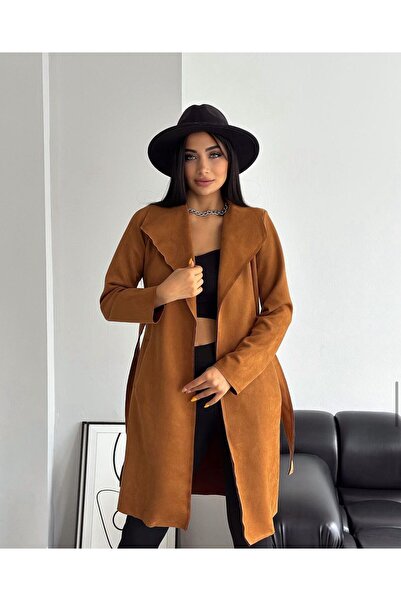 CİVAN TEKS Kadın Belden Bağlamalı V Yaka Süet Kaban