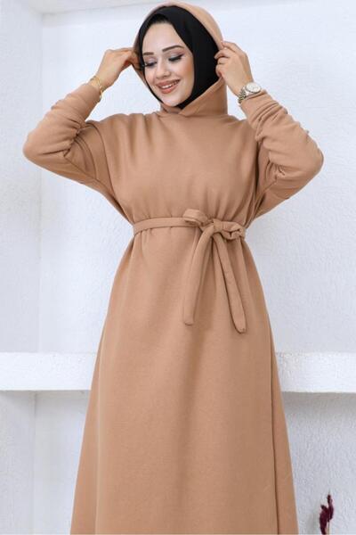 benguen 5651 Φόρεμα με κουκούλα με τρεις κλωστές Camel