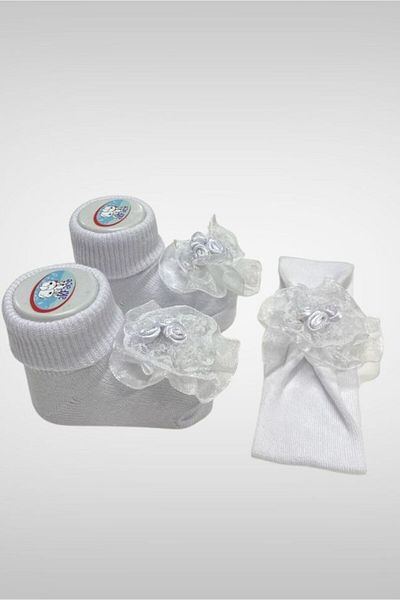 Akface newborn baby white rose bandana socks set