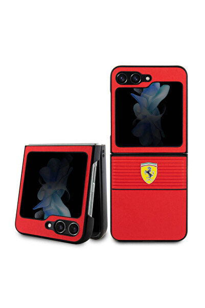 Ferrari Galaxy Z Flip 5 Kılıf  Uyumlu Lisanslı PU Deri Metal Logolu Multi Çizgili Kapak Kırmızı