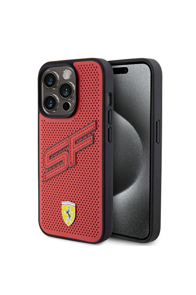 Ferrari iPhone 15 Pro Uyumlu Kılıf Ferrari Lisanslı PU Delikli Yüzey Metal Lo...