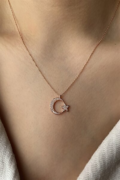 Ziu 925 Ayar 3 Gram Zirkon Taşlı Ay Yıldızlı Gümüş Kolye Uzunluk 45 cm