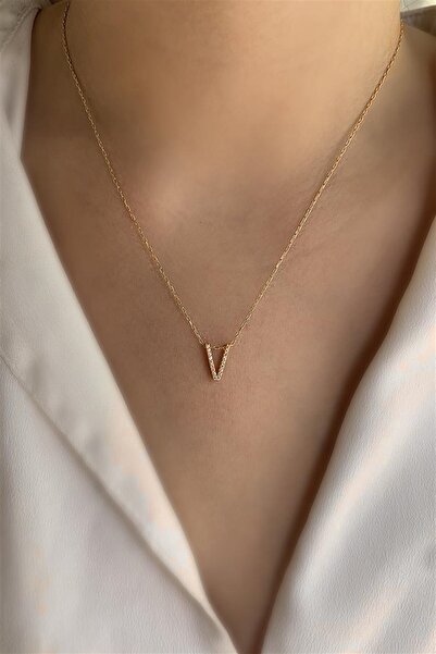 Ziu 925 Ayar Üç Boyutlu Zirkon Taşlı Rose V Harfli Kolye Uzunluk 45 Cm