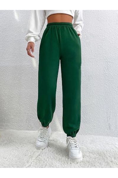 NO 601 Pantaloni de sport de jogger din fleece cu talie înaltă pentru femei, verde închis, 3 fire