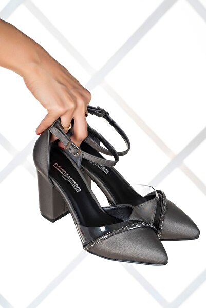 Erkan Saçmacı Samira Anthracite Satin Stoned Transparent Designed Shoes