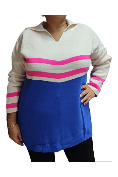 Styleistanbul Pulover de damă standard oversize cu dungi colorate, cu guler de cămașă