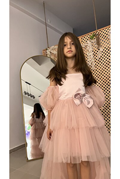 İkrabutikbursa Kız Çocuk Pudra Kuyruklu Abiye Elbise, Kız Çocuk Elbise,