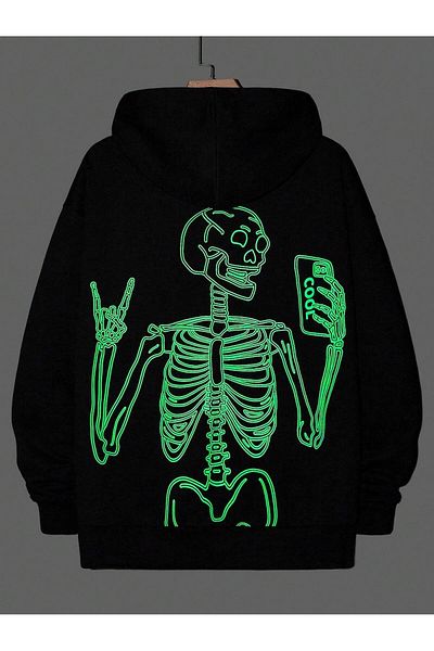 JDM Суитшърт с качулка и принт отпред и отзад, стандартна кройка Skeleton Special Design