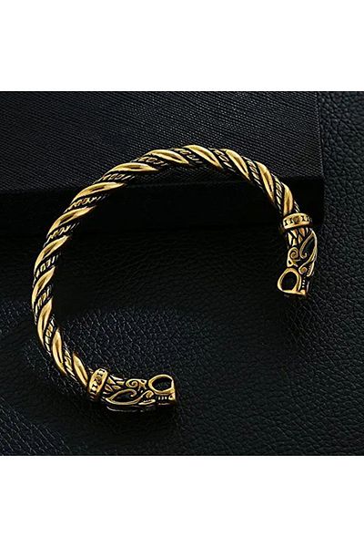 Viking Scandinavian Fenrir & Wolf Head Open Adjustable Stainless & Tarnish Resistant 316L Steel Bracelet