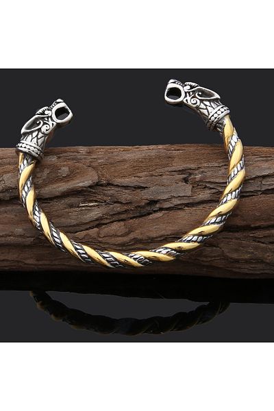 Viking Scandinavian Fenrir & Wolf Head Open Adjustable Stainless & Tarnish Resistant 316L Steel Bracelet