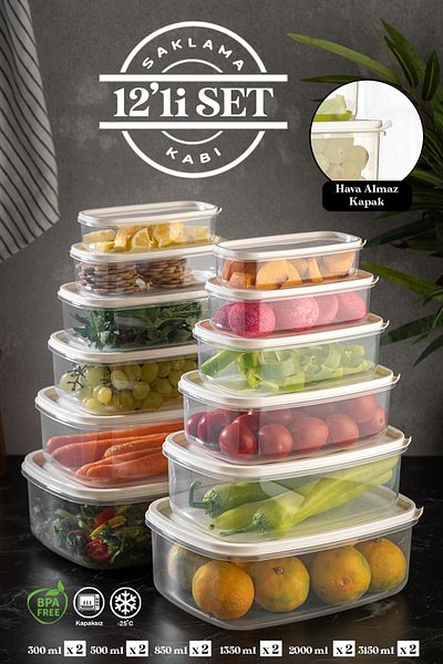 Meleni Home Plastic Set of 12 Rectangular Sweet Storage Containers - Clear White 7-12 628Eseri