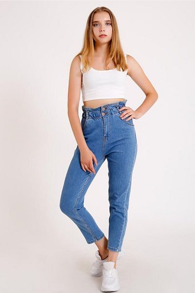 MAKRAS EXCLUSIVE Pantaloni de damă din denim cu talie înaltă, cu talie albastră și elastică