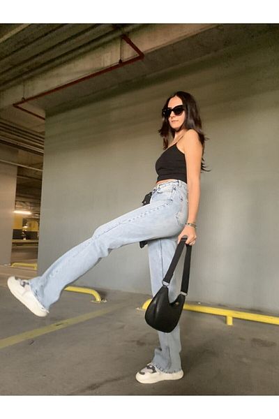 MAKRAS EXCLUSIVE Blugi Milano albastru deschis din denim cu talie înaltă și picioare largi - spălate pe zăpadă