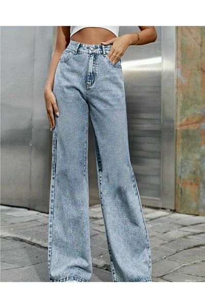MAKRAS EXCLUSIVE Caar 90's Snow Wash Blue Lycra Blugi largi cu talie super înaltă Pantaloni Palazzo