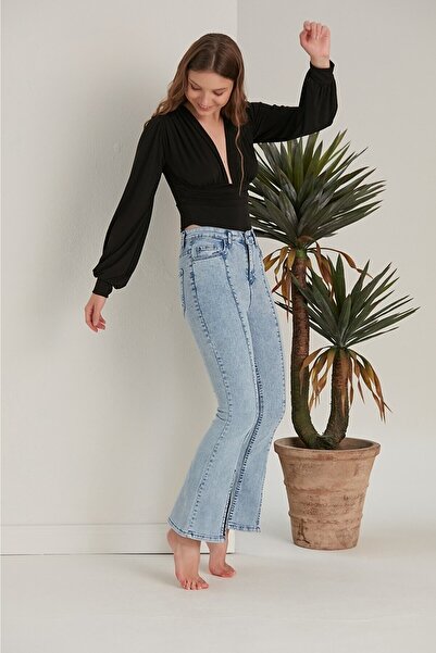 MAKRAS EXCLUSIVE Kadın Kar Mavi Yüksek Bel Paçası Yırtmaçlı Flare Jeans Kot Pantolon