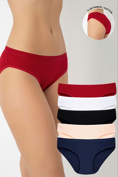 Ramior Set of 5 100% Cotton Colorful Ribbed Special Waist Bikini Panties (Red-Navy Blue-Black-White-Pink)