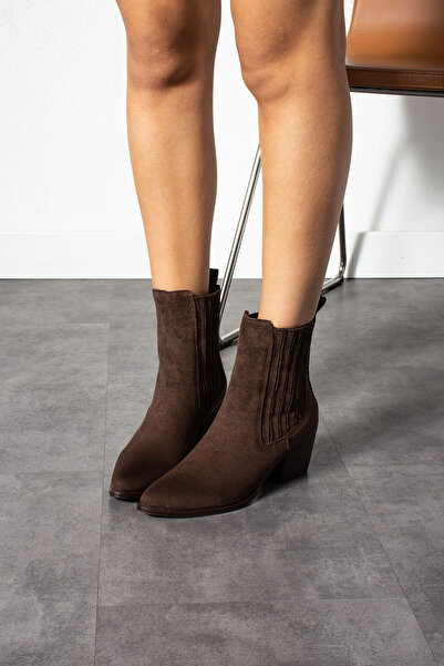 wolk shoes Poppin Kadın Ökçe Küt Topuk Bot Süet Kahve