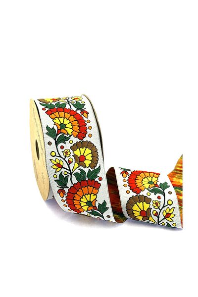 FANTASTIC KURDELE FLOWER PATTERNED MULTICOLORED WOVEN BORDER RIBBON (50mm WIDTH - 10m LENGTH)