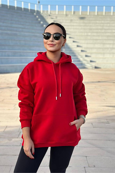 Shine Stone سويت شيرت أحمر بغطاء للرأس بثلاثة خيوط مع جيوب