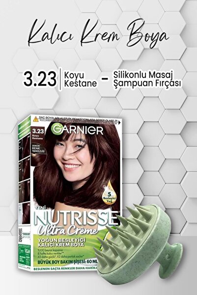 Garnier Nutrisse Saç Boyası 3.23 Koyu Kestane ve Masaj Şampuan Fırçası Yeşil