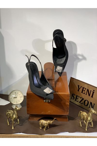 Beyoğlu Stone Buckle Front Goblet Heel Pointed Toe Open Back Comfortable Fit Stylish Evening Dress Heeled Shoes