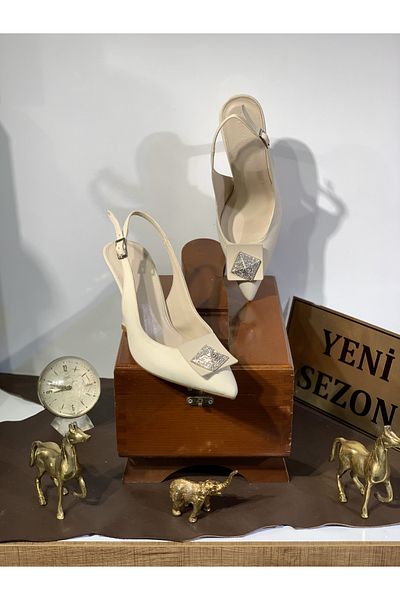 Beyoğlu Stone Buckle Front Goblet Heel Pointed Toe Open Back Comfortable Fit Stylish Evening Dress Heeled Shoes