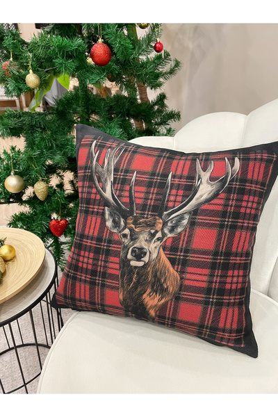 Brillant Yılbaşı GeyikDesen Keten Görünümlü Ekose Kırlent Yastık Kılıfı