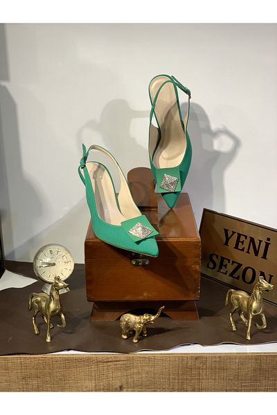 Beyoğlu Stone Buckle Front Goblet Heel Pointed Toe Open Back Comfortable Fit Stylish Evening Dress Heeled Shoes