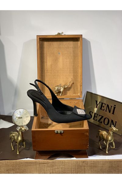 Beyoğlu Stone Buckle Front Goblet Heel Pointed Toe Open Back Comfortable Fit Stylish Evening Dress Heeled Shoes