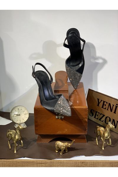 Beyoğlu Stone Embroidered Goblet Heel Pointed Toe Open Back Comfortable Fit Low-cut Stylish Evening Dress Heeled Shoes