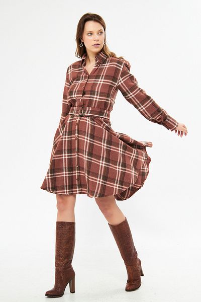 Bidoluelbise Lumberjack Fabric Long Sleeve Belted Shirt Dress
