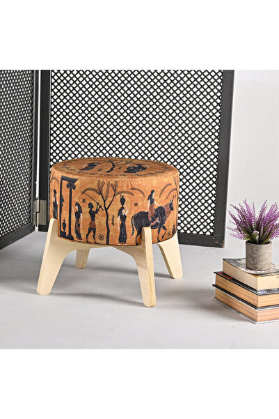 Armi Puf Sümer Desenli Ayaklı Puf 2 Kırlent Kılıfı