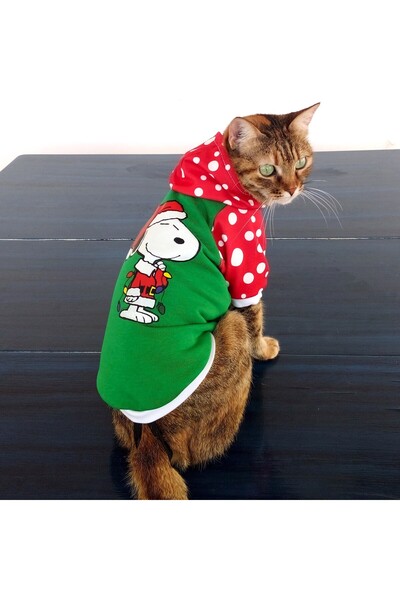 stylie Yılbaşı Özel Noel Baba Snoopy Baskılı Puantiyeli Kapüşonlu Kışlık Kedi Köpek Kıyafeti, Uzun Kollu