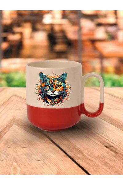 lili hediyelik Cat Printed Red Based Mug Cup - Ceramic Tea, Coffee Gift Cup