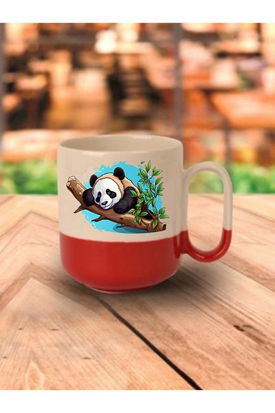 lili hediyelik Panda Printed Red Base Mug - Ceramic Tea, Coffee Gift Cup
