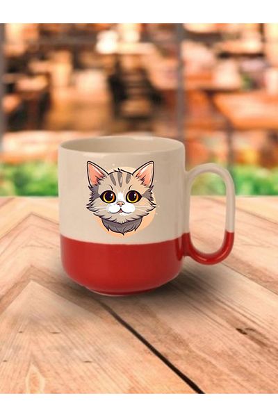 lili hediyelik Cat Printed Red Based Mug Cup - Ceramic Tea, Coffee Gift Cup