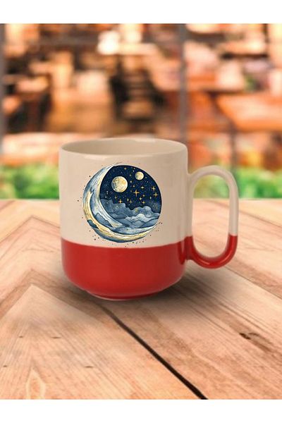 lili hediyelik Star and Moon Printed Red Base Mug Cup - Ceramic Tea, Coffee Gift Cup