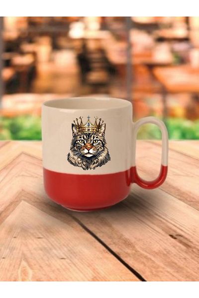 lili hediyelik Tabby Cat Printed Red Based Mug Cup - Ceramic Tea, Coffee Gift Cup