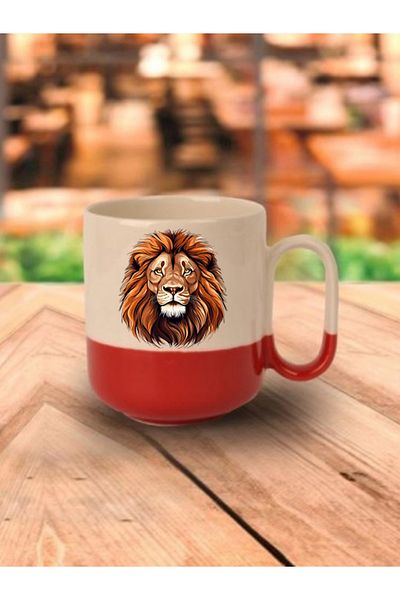 lili hediyelik Lion Printed Red Base Mug Cup - Ceramic Tea, Coffee Gift Cup