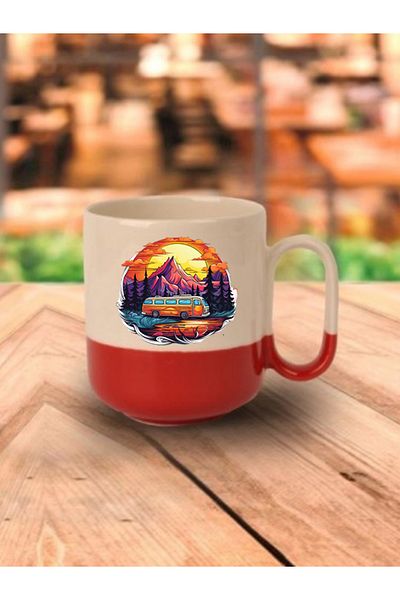 lili hediyelik Caravan Printed Red Based Mug Cup - Ceramic Tea, Coffee Gift Cup