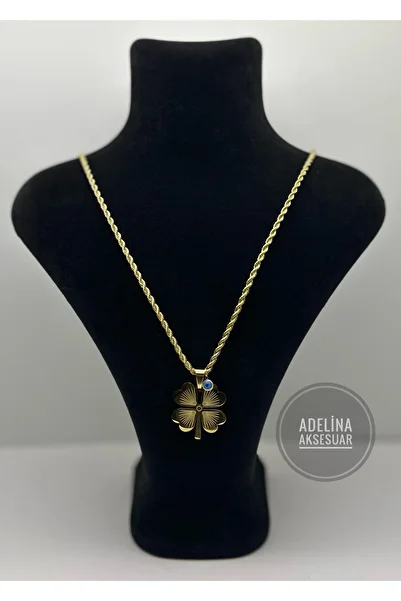 ADELİNAS ADELINA 316L Gold Stainless Steel Evil Eye Beaded Clover Twist Necklace