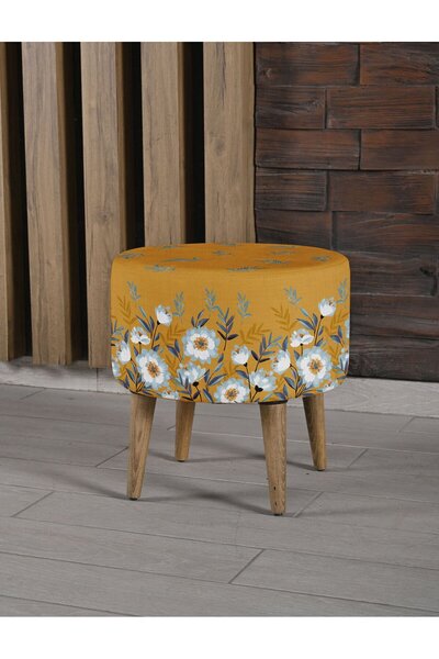 Armi Puf Çiçekler Desenli Sarı Ayaklı Puf +2 Kırlent Kılıfı-KP10-09