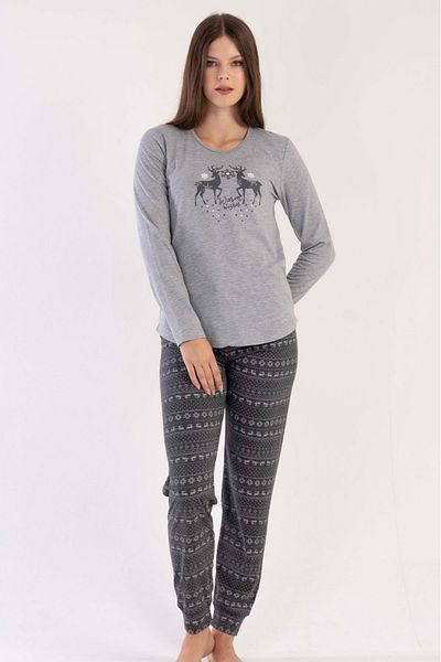 VİENETTA Set de pijamale din bumbac, gri, cu mâneci lungi, cu gât rotund, cu tiv oval
