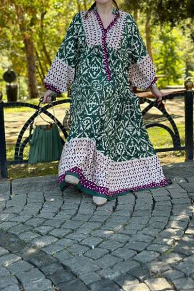 AYASOFYA OTANTIK Women's Green Purple Katleya Button Detailed Casual Dress