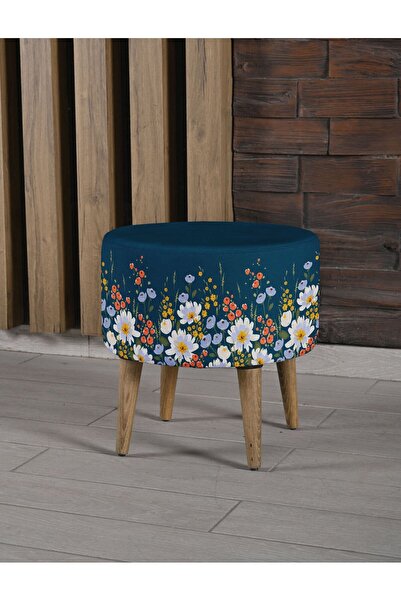 Armi Puf Papatya Desenli Lacivert Ayaklı Puf +2 Kırlent Kılıfı-KP10-22