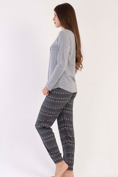 VİENETTA Set de pijamale din bumbac, gri, cu mâneci lungi, cu gât rotund, cu tiv oval